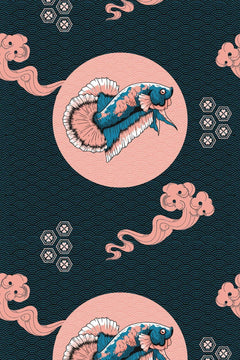 Le décor à plat : poissons combattants bleu canard dans des disques rose poudré, sur un fond bleu nuit à vagues fines.