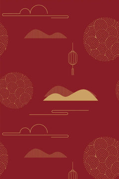 Le décor à plat : montagnes en hachures dorées, disques de spirales et lanternes suspendues sur un fond rouge carmin profond.