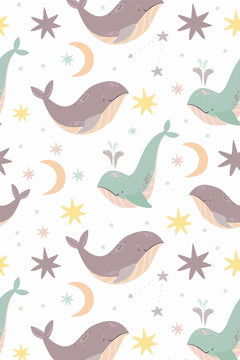 Le décor à plat : baleines mauve grisé et vert d'eau, étoiles jaunes et mauves, croissants ivoire sur fond blanc.