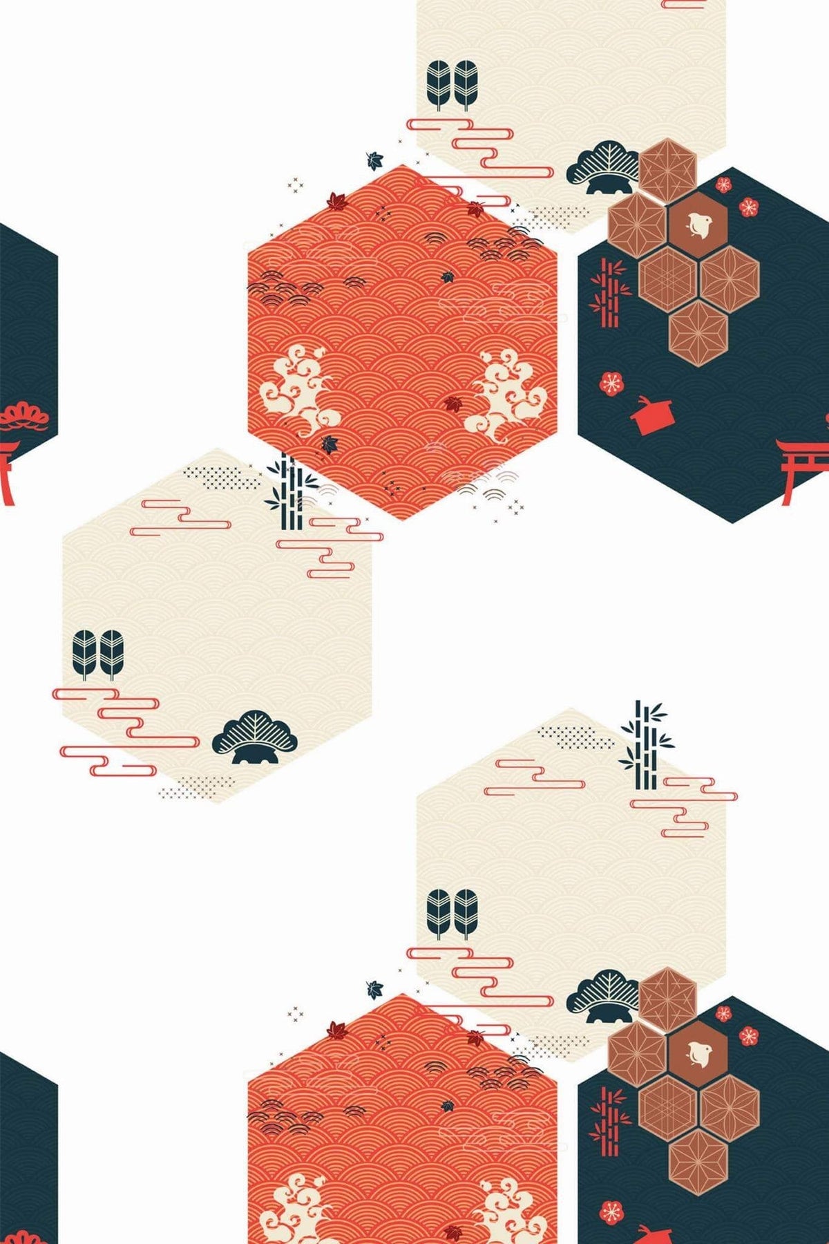 Hexagones Corail et Bleu Nuit, le motif seul