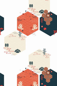 Décor à plat : fond blanc et grands hexagones corail, ivoire et bleu nuit remplis de petits motifs japonais.