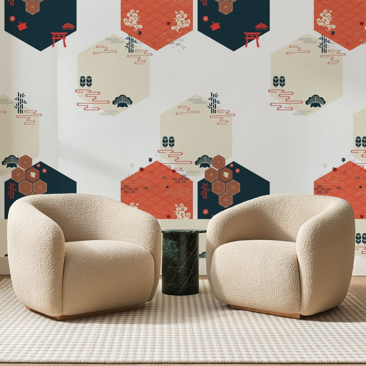 Hexagones Corail et Bleu Nuit, en situation