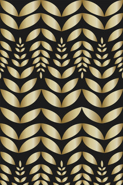 Le motif à plat : feuilles en amande dorées en bandes horizontales et petits épis, sur fond noir.