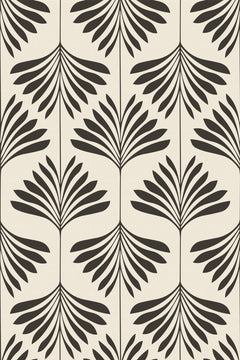 Motif à plat de palmettes noires en ogives sur fond crème grisé, folioles retombantes et lignes verticales