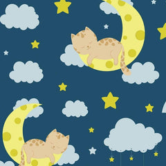 Gros plan de l'impression montrant les rayures du pelage beige d'un chat et les cratères jaunes du croissant de lune
