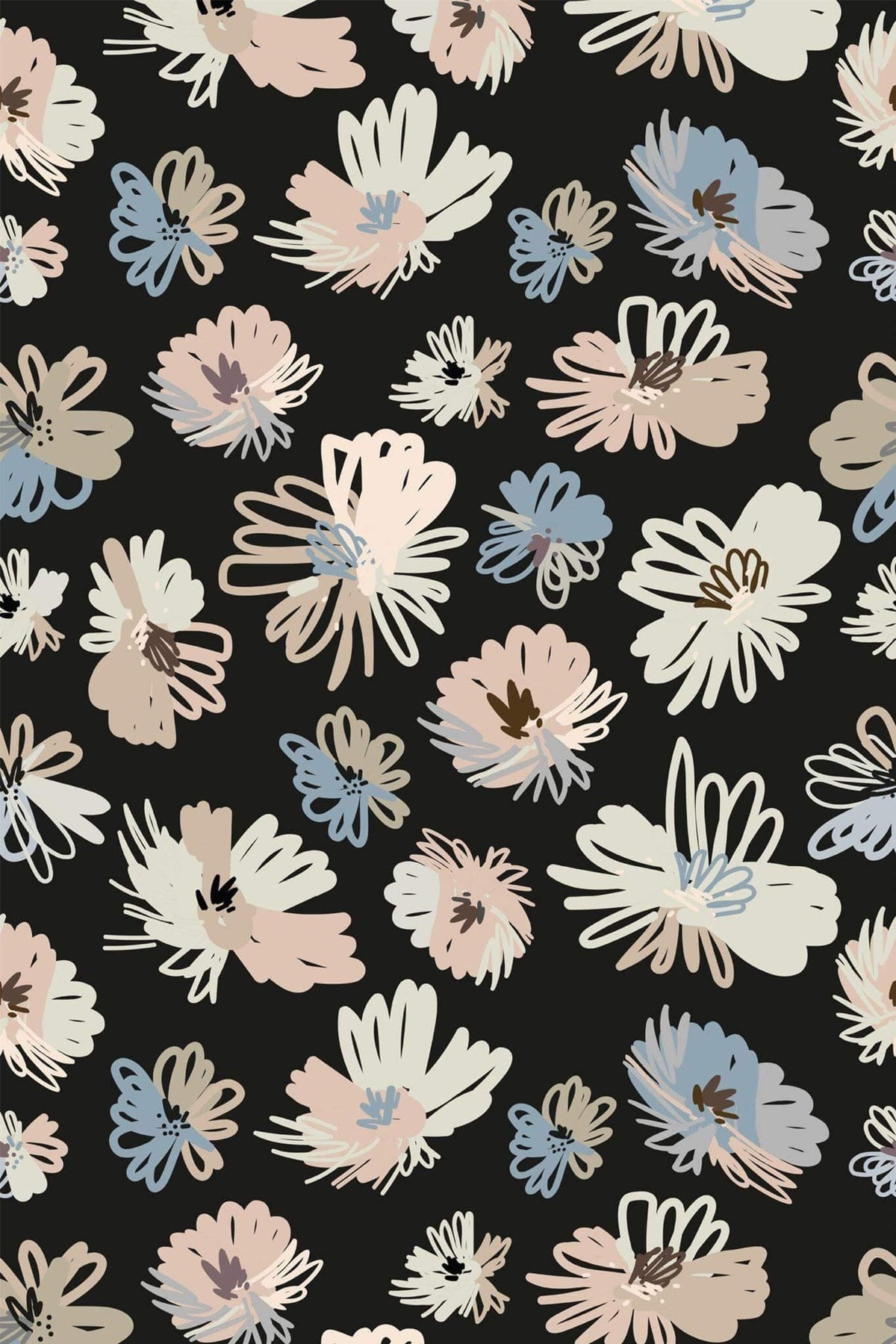 Fleurs Griffonnées Noir Charbon, le motif seul