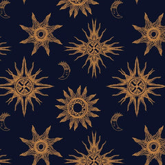 Gros plan de l'impression : les traits gravés d'un rayon de soleil ocre sur le bleu marine.