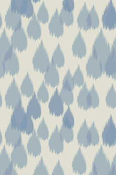 Le décor à plat : gouttes bleu ardoise, bleu gris et lavande aux contours striés sur fond ivoire.