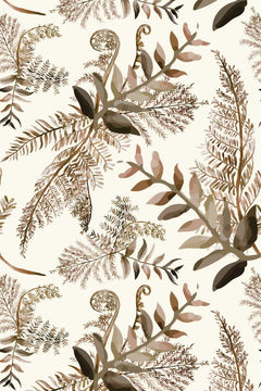 Motif à plat de frondes de fougère à l'aquarelle, sépia, taupe et brun cacao sur fond crème