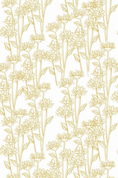 Le motif à plat : marguerites et tiges feuillues tracées au trait ocre en colonnes sur fond blanc.