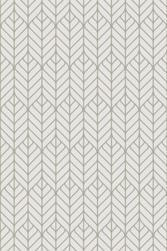 Feuilles allongées au trait taupe, nervure centrale et barres obliques, empilées en colonnes verticales sur un fond gris clair.