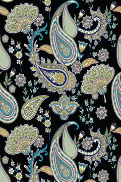 Le décor à plat : grands cachemires sauge, moutarde et turquoise et marguerites blanches sur fond noir.