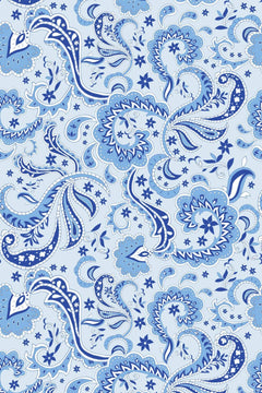 Le décor à plat : volutes de cachemire bleu roi et marine, fleurs et étoiles blanches sur fond bleu ciel.