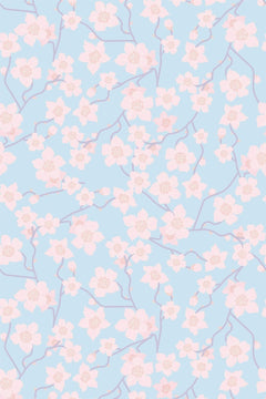 Le décor à plat : fleurs de cerisier rose pâle et rameaux mauve grisé répartis sur un fond bleu ciel.
