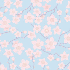 Gros plan de l'impression : les cinq pétales roses d'une fleur et son cœur plus soutenu sur le bleu clair.