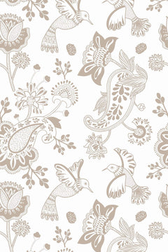 Cachemires, fleurs indiennes et colibris au trait taupe sur fond blanc, motif à plat.