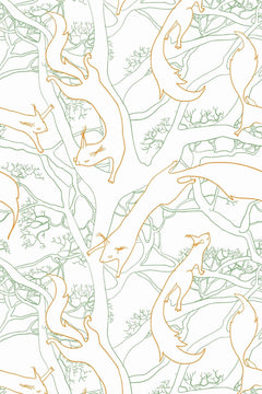 Motif à plat : branches d'arbres au trait vert entrecroisées et écureuils dessinés au trait orange, sur un fond blanc nu.
