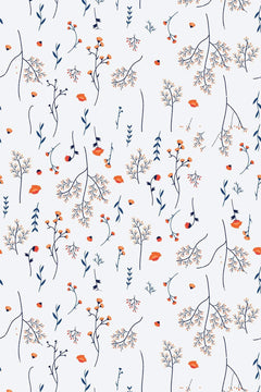 Motif de brindilles bleu marine et de baies orange corail sur fond blanc, vu à plat
