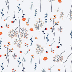 Gros plan sur l'impression : branche bleu marine, baies corail et petits points sur fond blanc