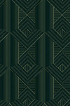 Le décor à plat : chevrons et hexagones en hachures vertes sur fond émeraude sombre, contours dorés.