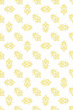 Le décor à plat : abeilles géométriques tracées en jaune doré, alternées de face et de profil, sur fond blanc.