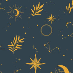 Gros plan de l'impression : le jaune d'or plein d'un croissant de lune et les points reliés d'une constellation voisine.