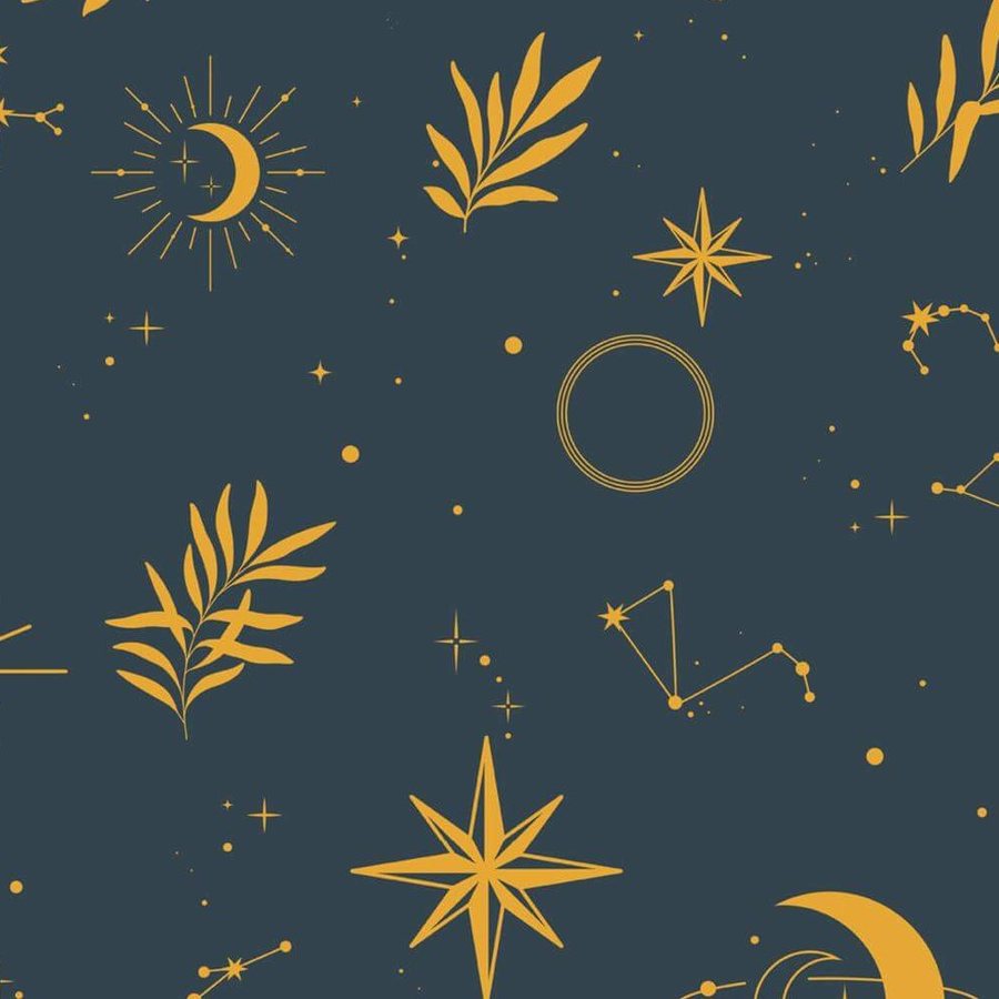 Gros plan de l'impression : le jaune d'or plein d'un croissant de lune et les points reliés d'une constellation voisine.