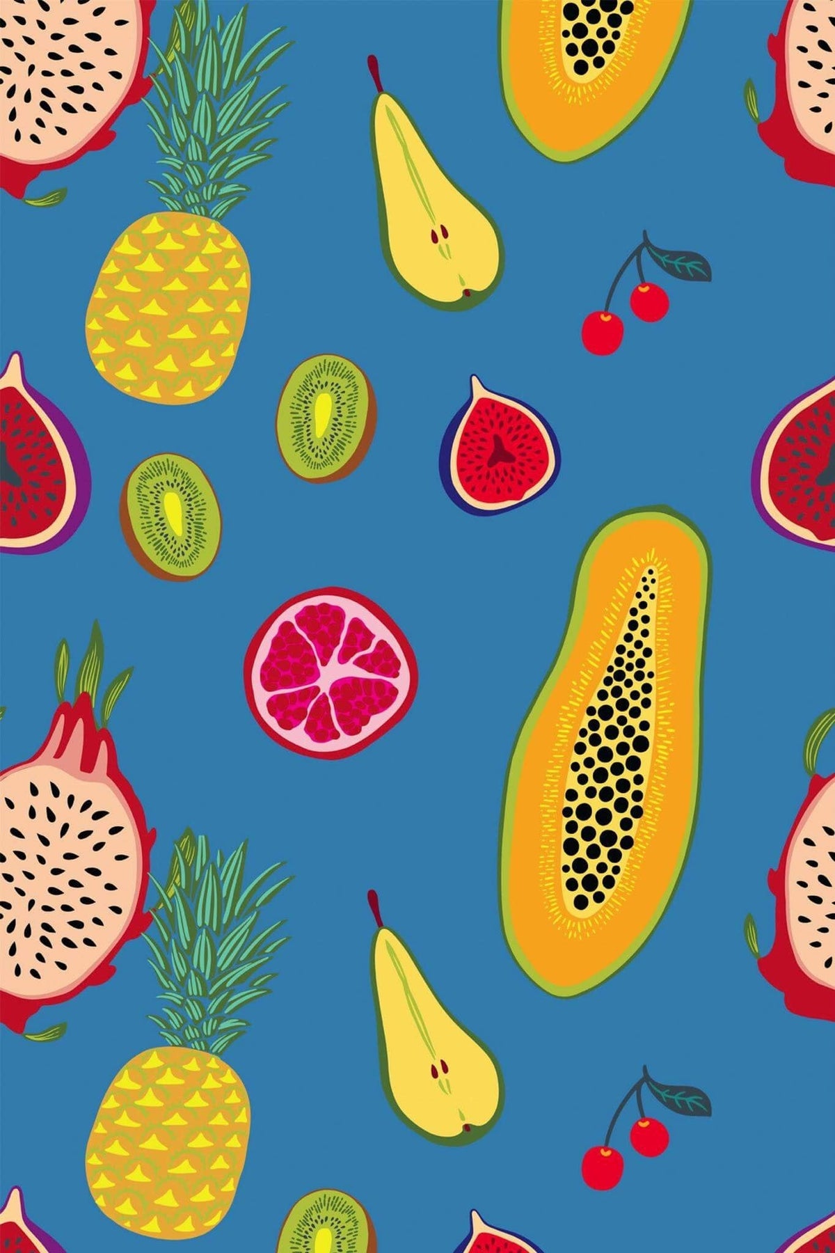 Fruits Exotiques sur Bleu Franc, le motif seul