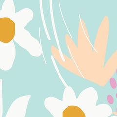 Gros plan de l'impression montrant l'aplat jaune moutarde d'un cœur de marguerite et la découpe franche des pétales blancs