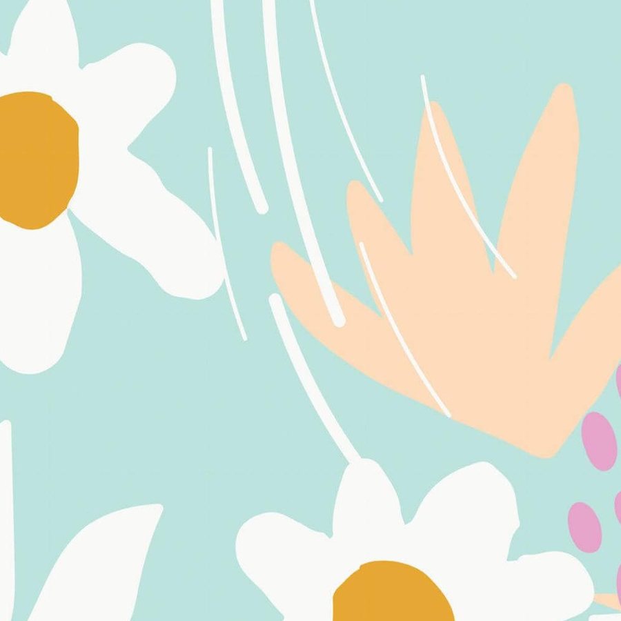 Gros plan de l'impression montrant l'aplat jaune moutarde d'un cœur de marguerite et la découpe franche des pétales blancs