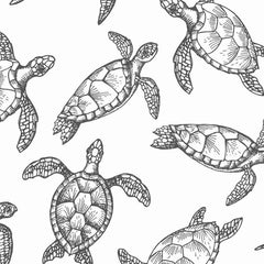 Gros plan de l'impression: les hachures d'une carapace de tortue et le trait fin d'une nageoire.