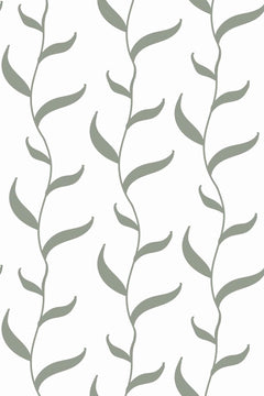 Motif à plat : tiges ondulantes et feuilles pointues vert sauge en colonnes sur fond blanc