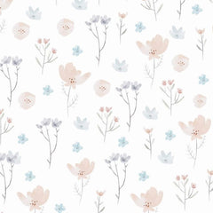 Gros plan de l'impression montrant les bords fondus d'une fleur beige à l'aquarelle et une tige grise très fine
