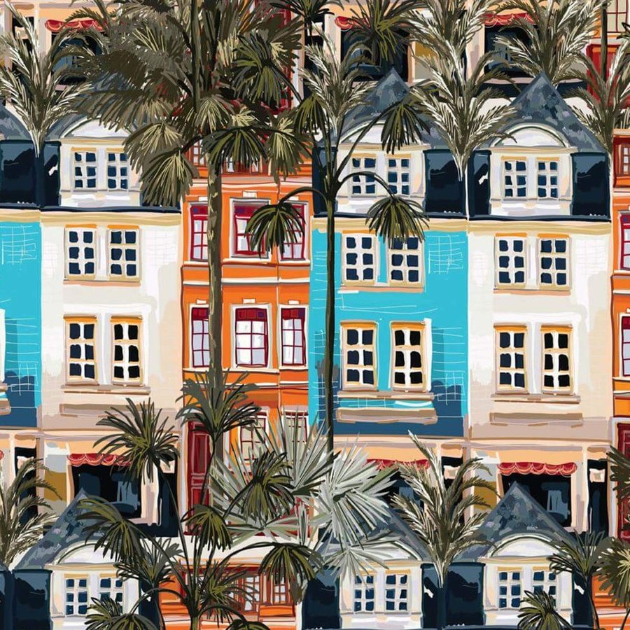 Gros plan de l'impression : touches de peinture visibles sur un mur orange, encadrement blanc et palme détaillée.