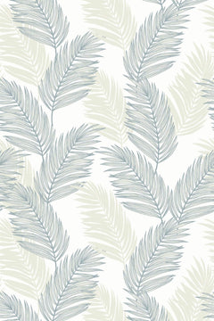 Le motif à plat : palmes au trait bleu ardoise et palmes sable en aplat sur un fond blanc.