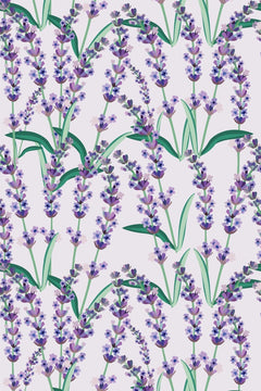 Le décor à plat : brins de lavande aux épis violets et feuilles vert émeraude sur un fond gris lilas.