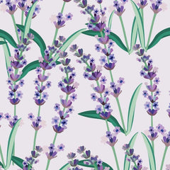 Gros plan de l'impression : les fleurons d'un épi, du mauve clair au prune, et une feuille verte effilée.