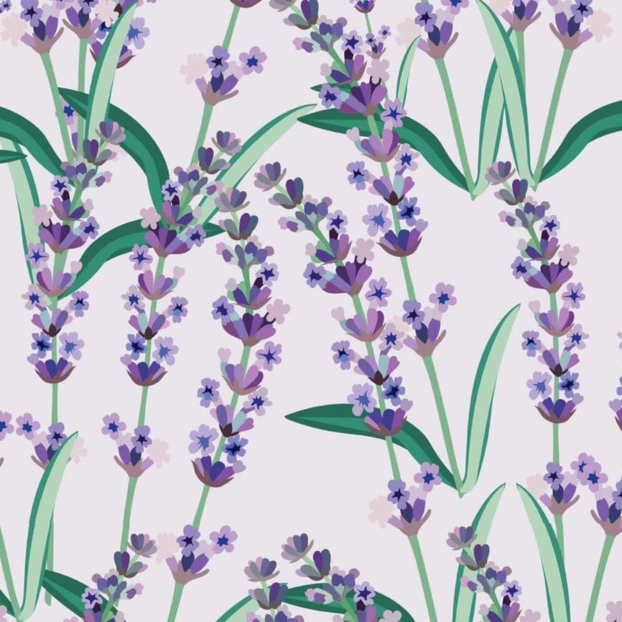 Gros plan de l'impression : les fleurons d'un épi, du mauve clair au prune, et une feuille verte effilée.