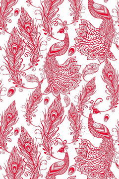 Décor à plat : fond blanc et dessin au trait rouge framboise, paons stylisés et longues plumes dressées.