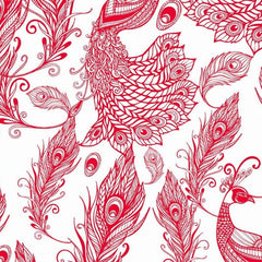 Gros plan de l'impression : les hachures rouges d'une plume et les boucles qui remplissent un ocelle.
