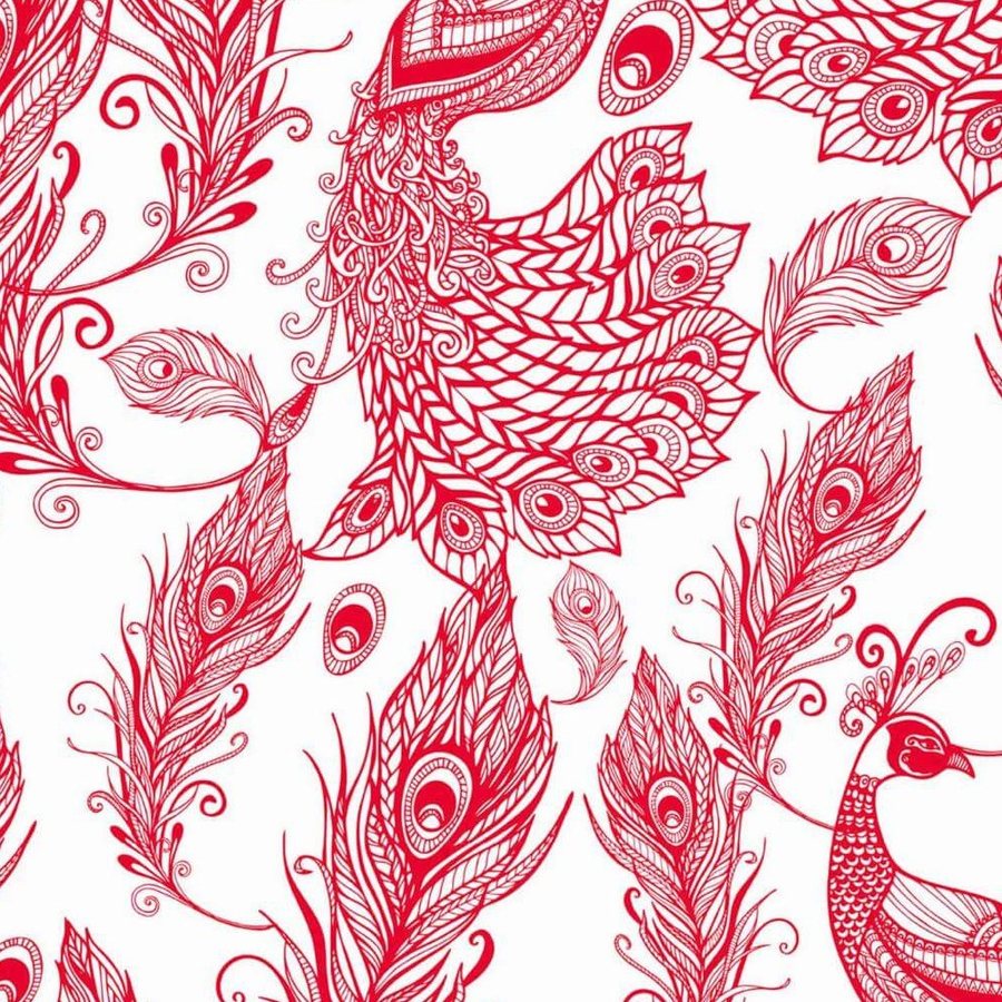 Gros plan de l'impression : les hachures rouges d'une plume et les boucles qui remplissent un ocelle.