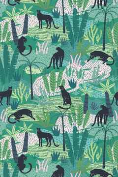 Le décor à plat : jungle dense en vert jade et amande, panthères noires et grand félin clair, touches de rose poudré.