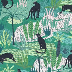 Gros plan de l'impression : traits noirs des silhouettes et aplats de vert superposés, contours nets sur le fond turquoise.