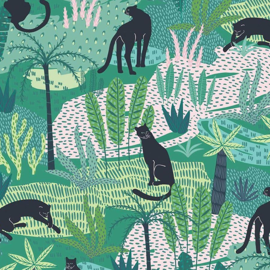 Gros plan de l'impression : traits noirs des silhouettes et aplats de vert superposés, contours nets sur le fond turquoise.