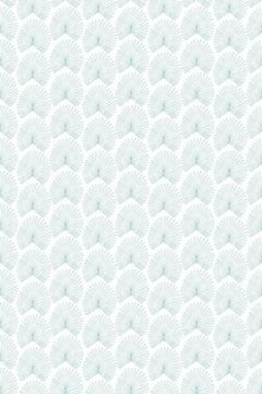 Le motif à plat : de petites palmes en éventail vert d'eau serrées en rangées sur un fond blanc.