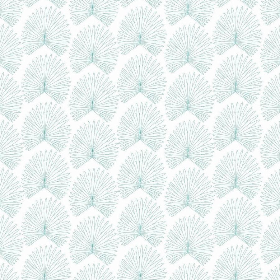 Gros plan de l'impression : les nervures fines d'une palme vert d'eau sur le fond blanc.