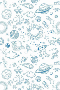 Décor à plat : planètes, fusées, soleil, astronaute et constellations dessinés au trait bleu sur fond blanc