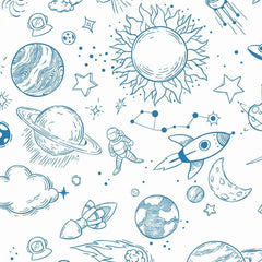 Gros plan de l'impression montrant les hachures bleues d'une planète annelée et le pointillé des étoiles