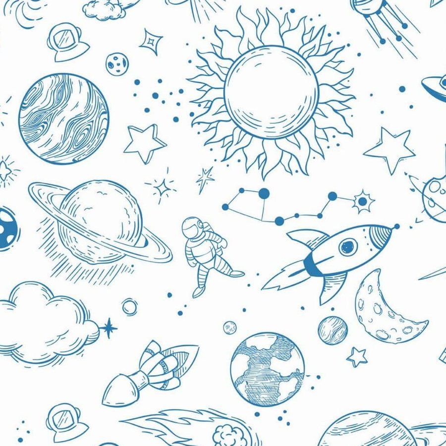 Gros plan de l'impression montrant les hachures bleues d'une planète annelée et le pointillé des étoiles