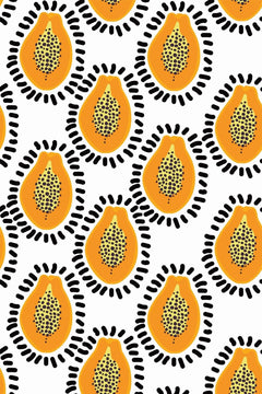 Le décor à plat : demi-papayes orange à graines noires, chacune cernée d'une couronne de traits noirs, sur fond blanc